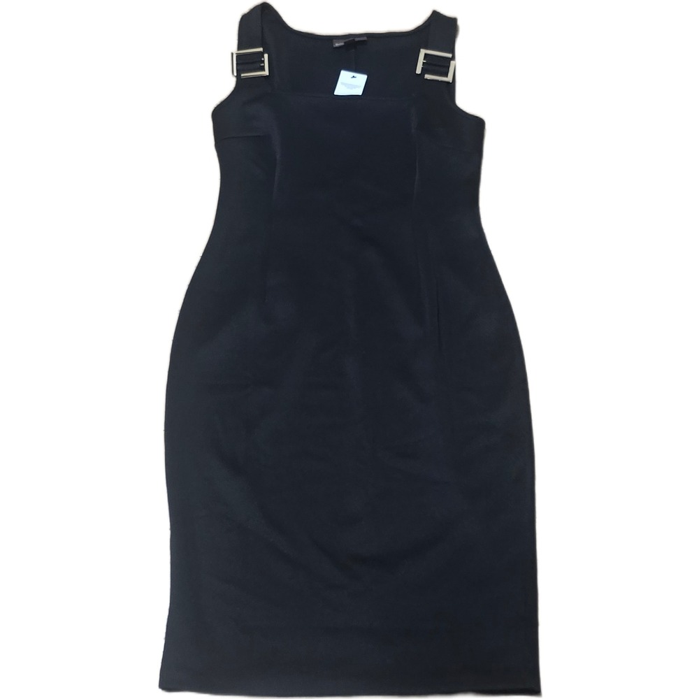 Bold Elements Womens Black Square Neck Sheath Dress Gold Buckle Accent Small NWT
